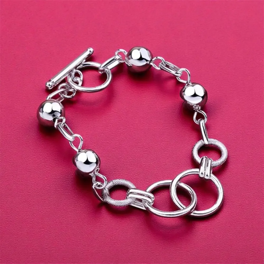 Bracelet Retro bead circle chain 925 Sterling Silver color 20CM for Women - Picture 2 of 7